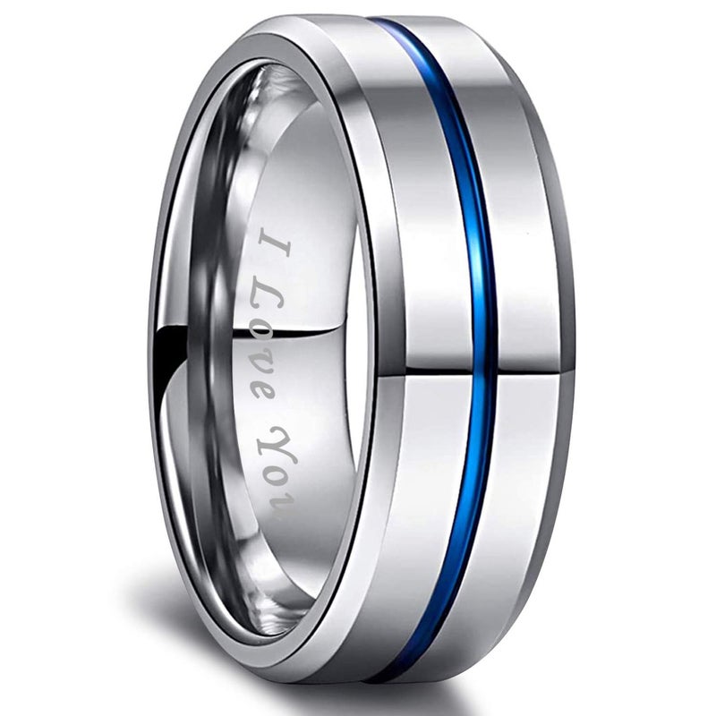 Greenpod 8MM Tungsten Carbide Rings Silver Blue High Polished Beveled Edge Wedding Band for Men Women Engraved I Love You Size 11 - Image 1